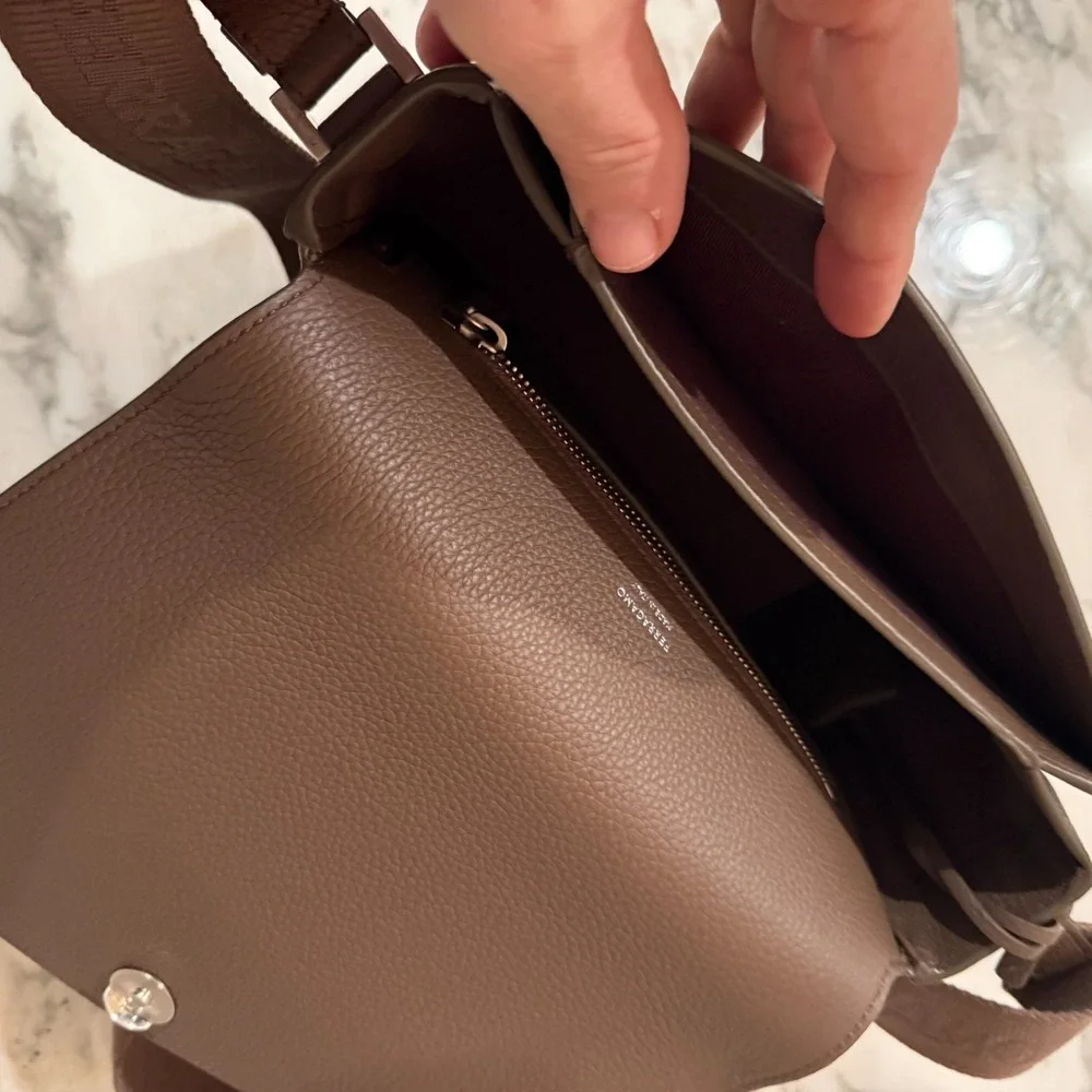 Salvatore Ferragamo Fiamma‎ Crossbody Bag in tan pebbled leather